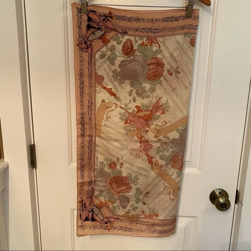 OSCAR DE LA RENTA SCARF PINK CREAM BLACK SILK MUSICAL NOTES INSTRUMENTS FLORAL